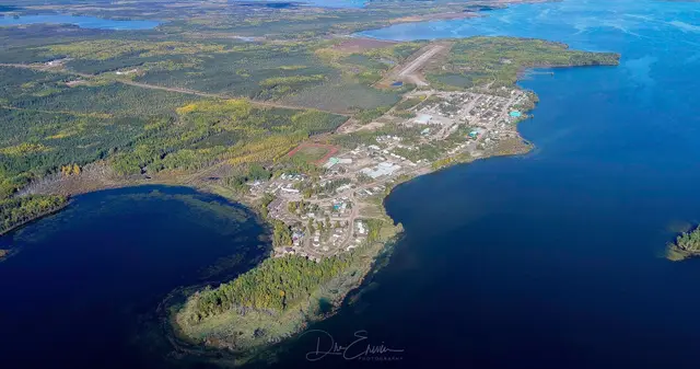 Aerial view of Pinehouse on the lake